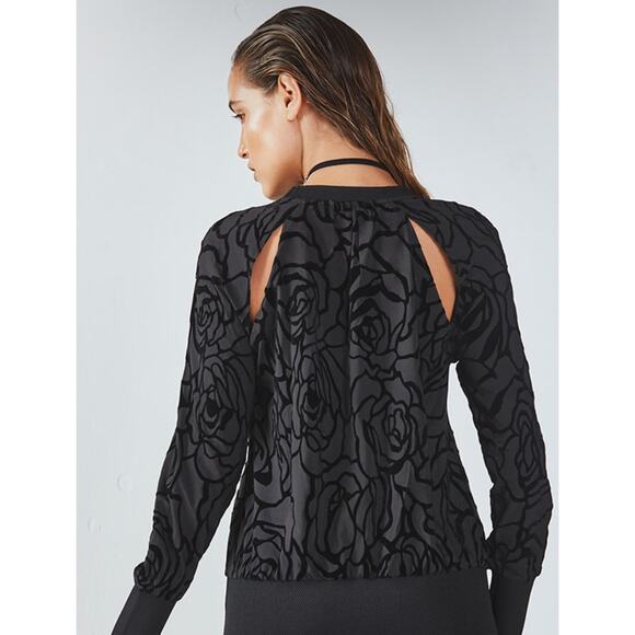 Fabletics size medium black long sleeve activewear top with velvet rose design - Picture 1 of 7